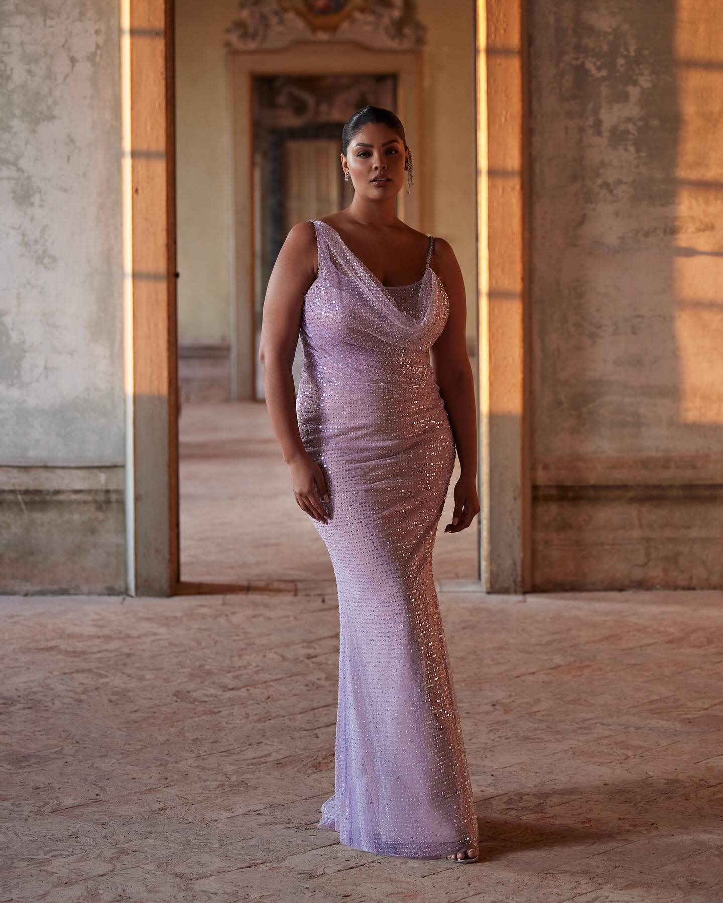 Crystal Straps Draped Sequin Maxi Dress HV1365