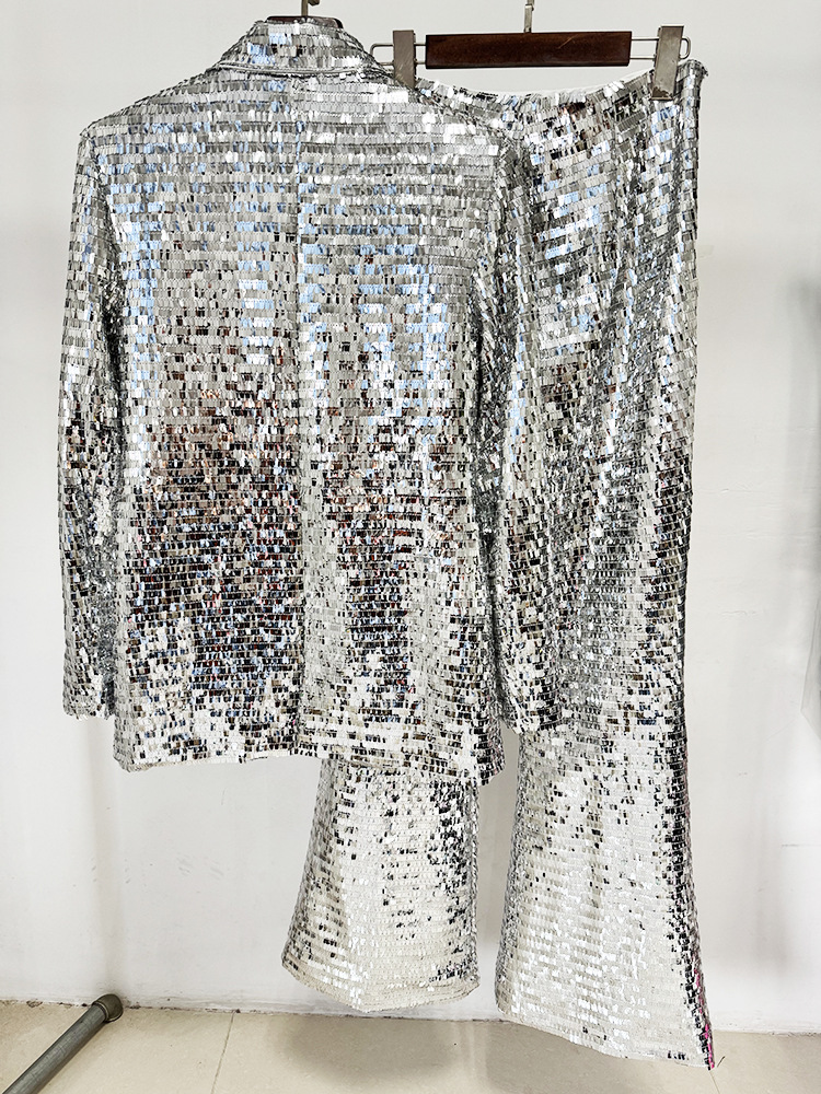 Long Sleeve Mirrored Sequin Suit Silver
