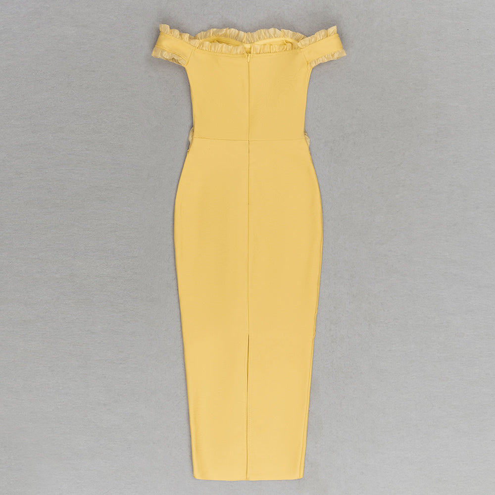 Off Shoulder Ruffle Detail Midi Dress Yellow HV9692