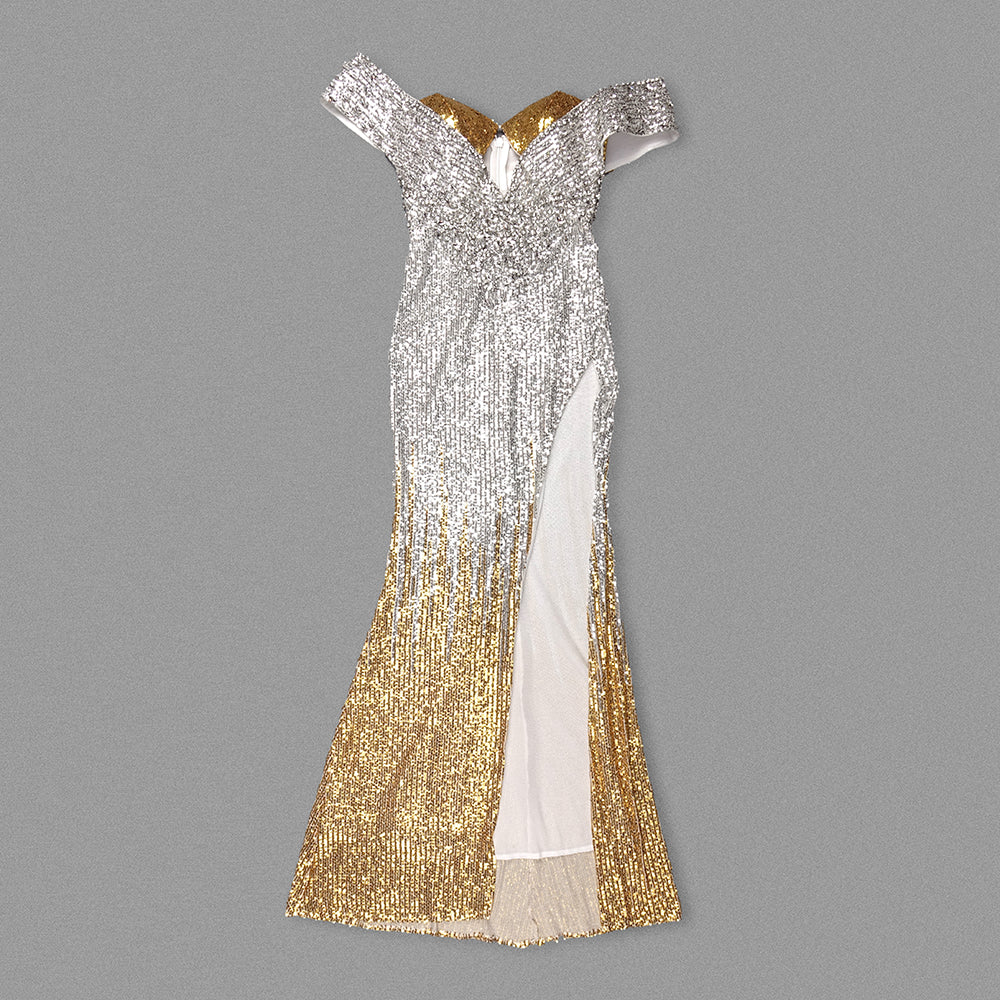 Bardot Crystal Sequin Maxi Dress Gold Silver HV1540