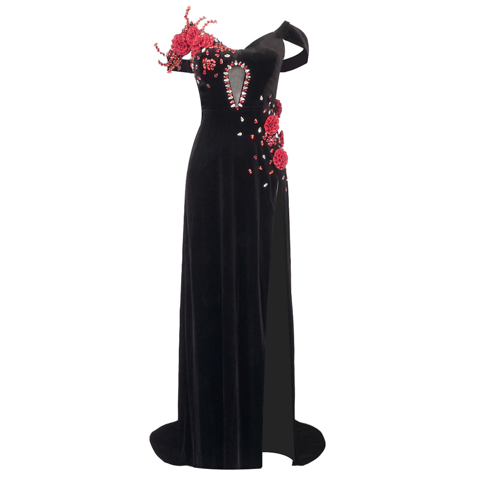 Floral Crystal Bardot Maxi Velvet Dress Black Red HV1831