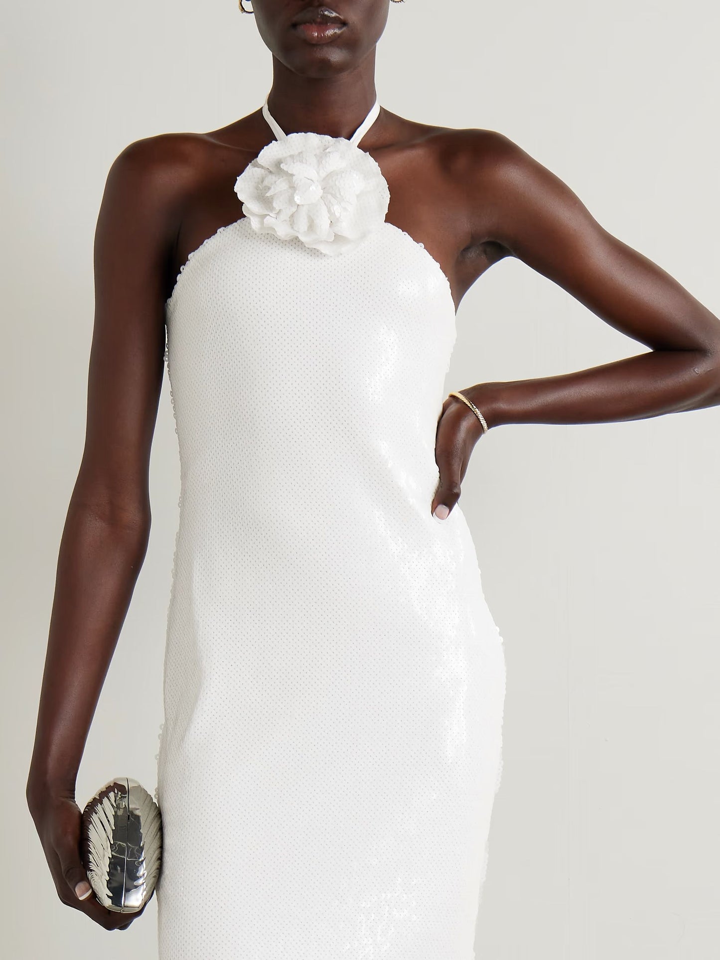 Halter Flower Sequin Maxi Dress White HV1410