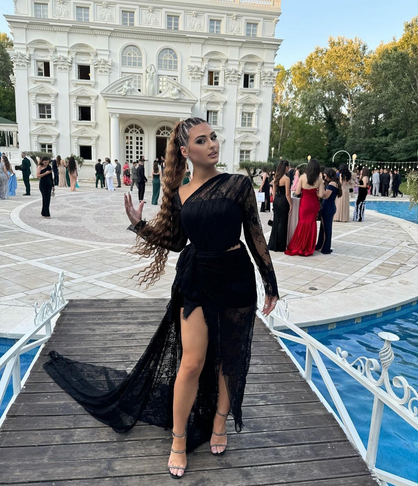 Long Sleeve Draped Lace Maxi Dress Black HV1744
