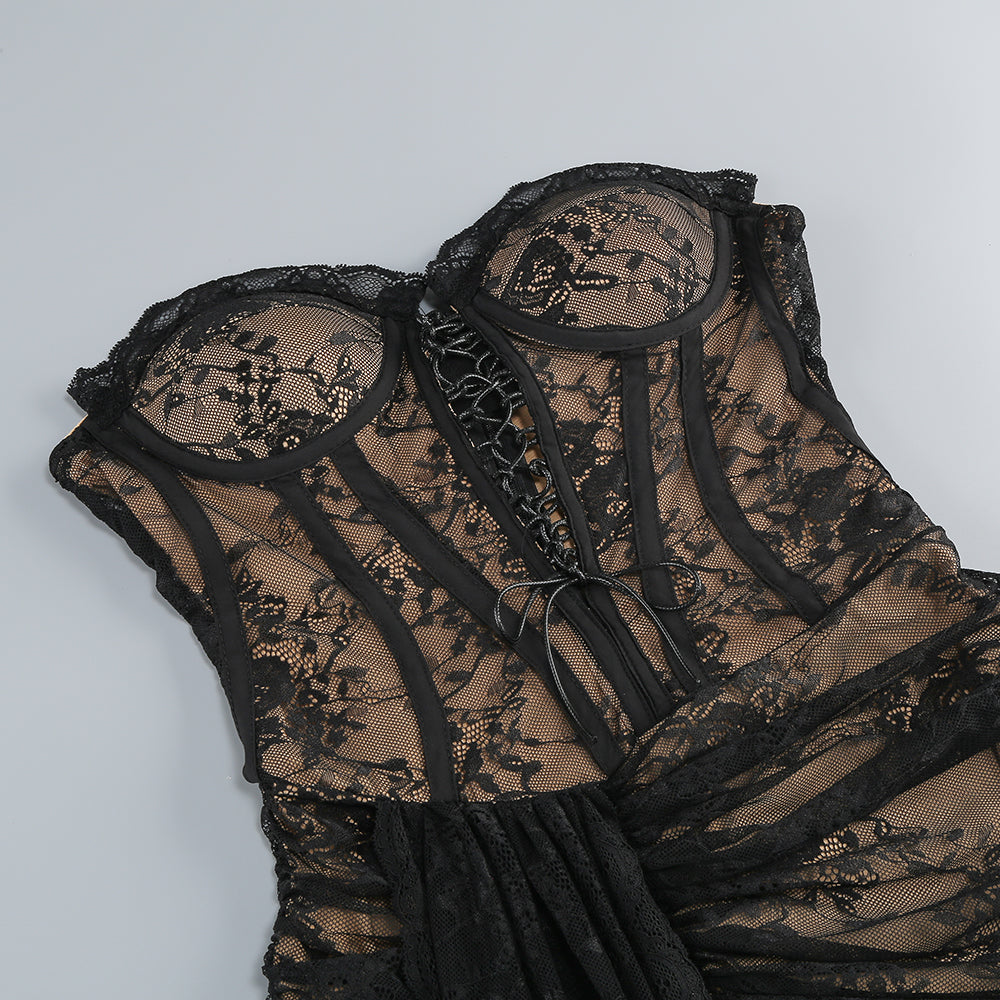 Strapless Draped Lace Corset Dress Black HV2157