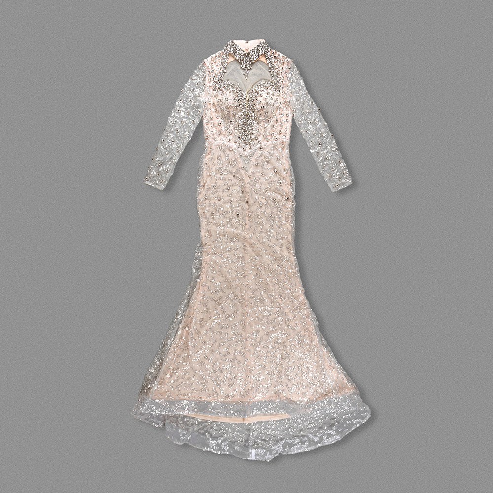 Long Sleeve Crystal Backless Maxi Dress Nude HV2000