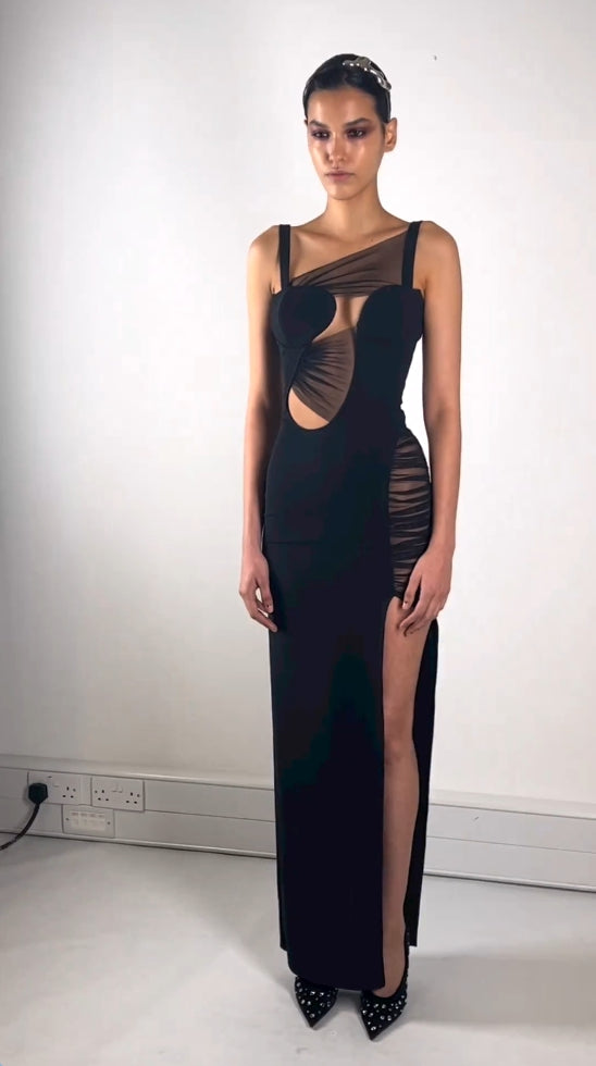 Draped Mesh Insert Maxi Dress Black HV9398