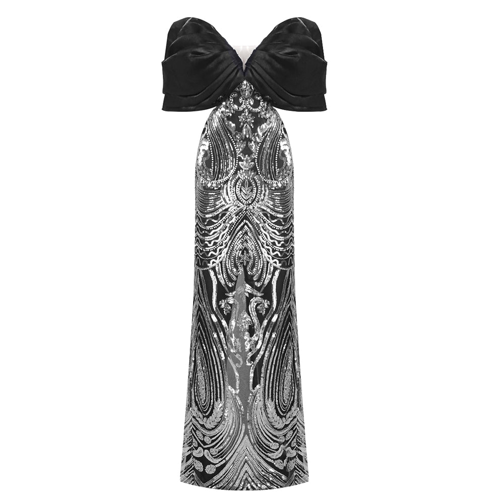 Draped Bardot Sequin Maxi Dress Black HV2052