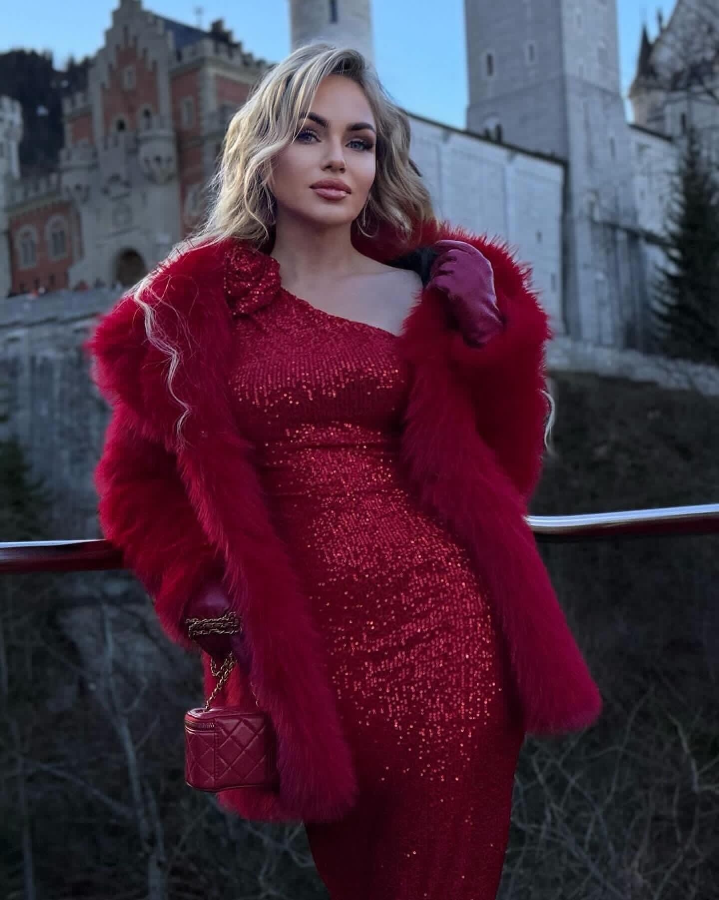 One Sleeve Sequin Midi Dress Red HV9898