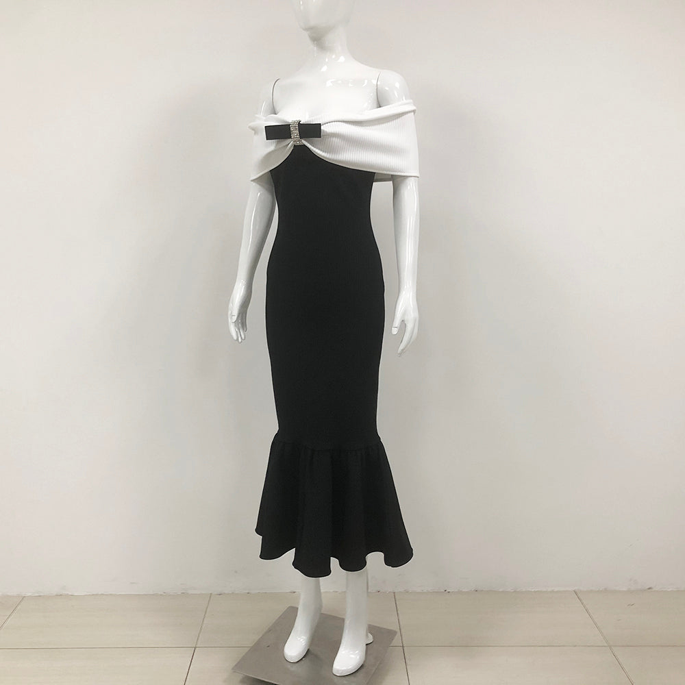 Bardot Ribbed Fluted Midi Dress Black White