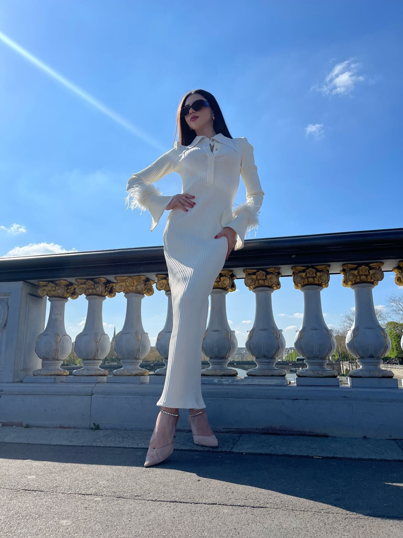 Long Sleeve Feather Ribbed Maxi Dress Ivory HV8975