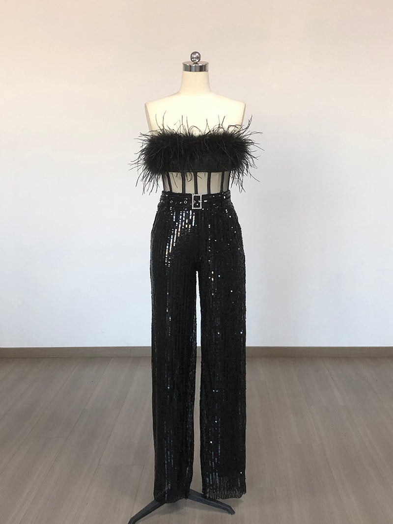 Strapless Feather Sequin Jumpsuit Black HV1549