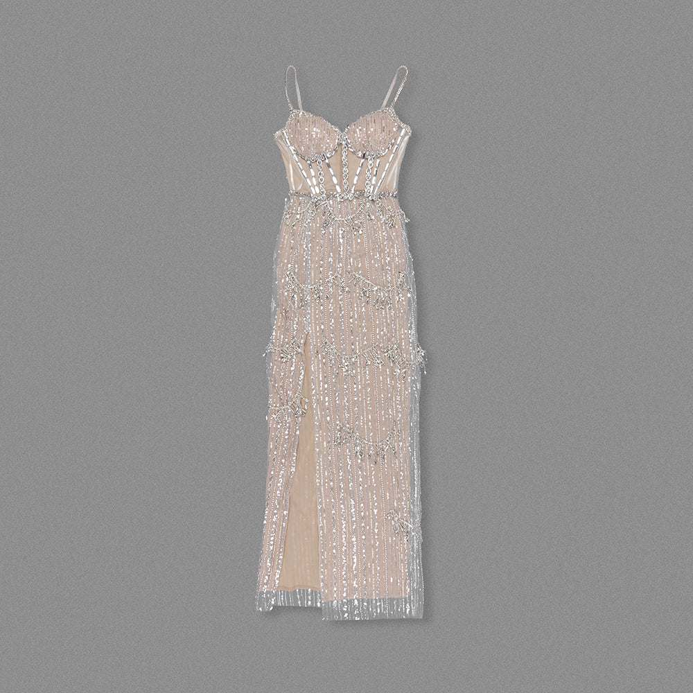 Crystal Sequin Bustier Maxi Dress Nude HV2144