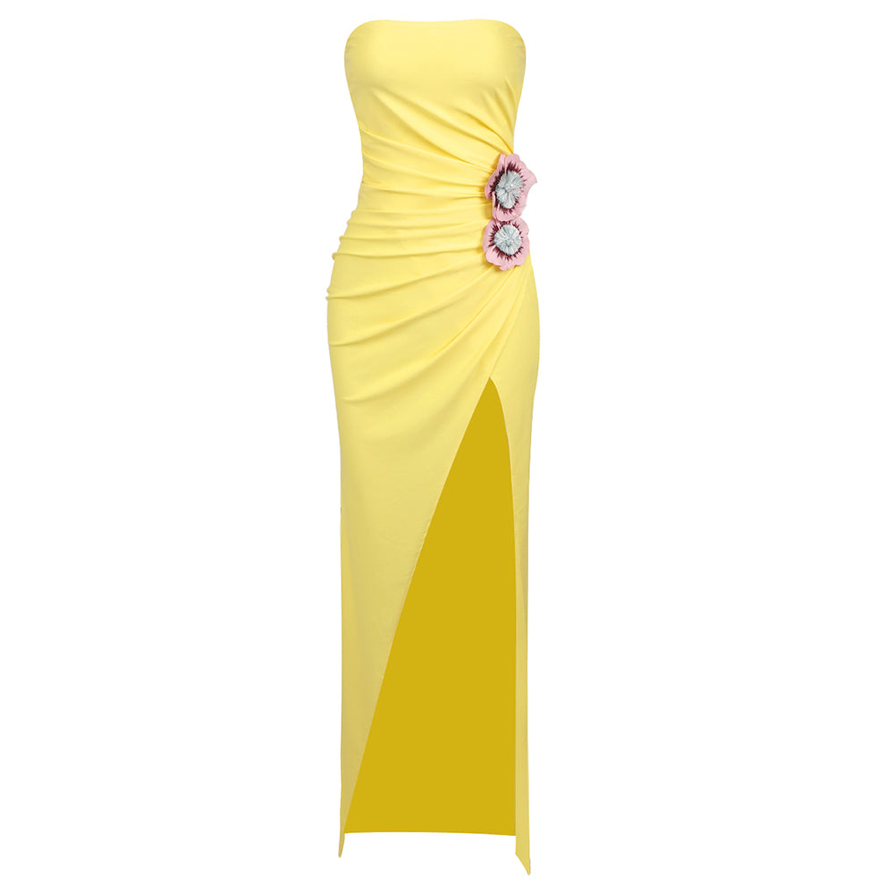 Strapless Floral Detail Maxi Dress Yellow HV1369