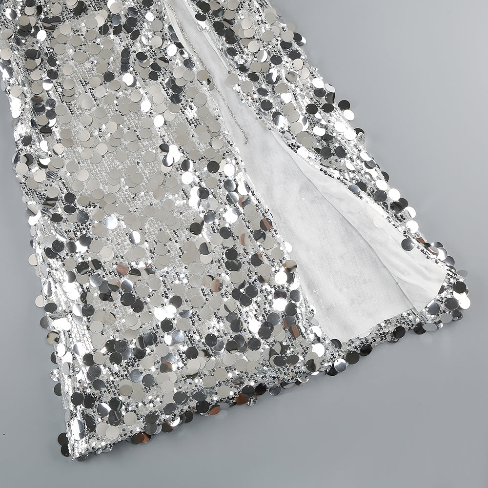 Halter Big Sequins Maxi Dress Silver
