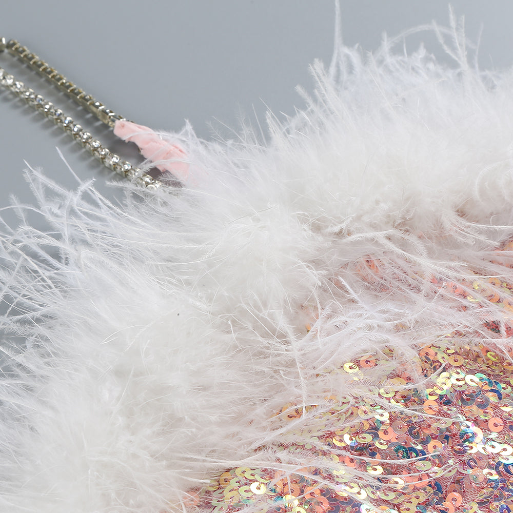 Feather Detail Sequin Midi Dress Pink White