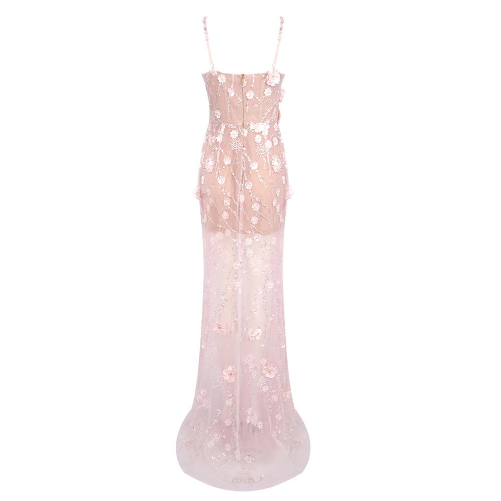 Long Sleeve Floral Sequin Maxi Dress Silver HV1784