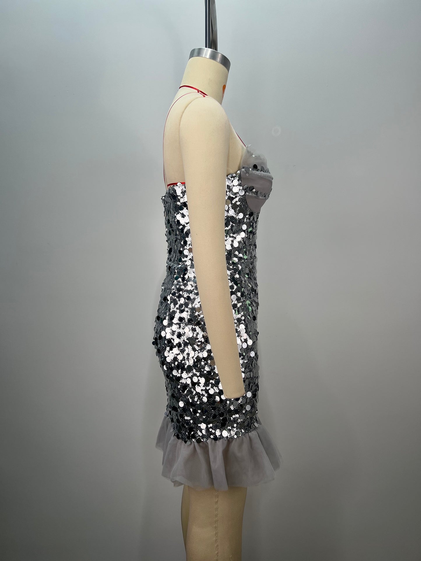 Strapless Sequin Ruffle Dress Silver HV1709