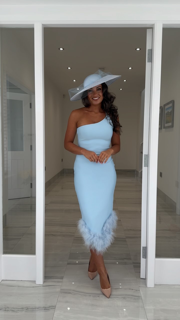 One Shoulder Feather Detail Midi Dress Blue