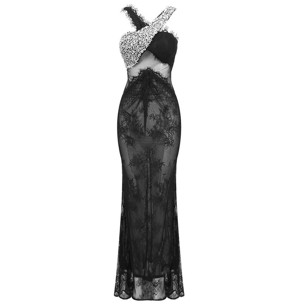 Halter Crystal Lace Maxi Dress Black HV1727