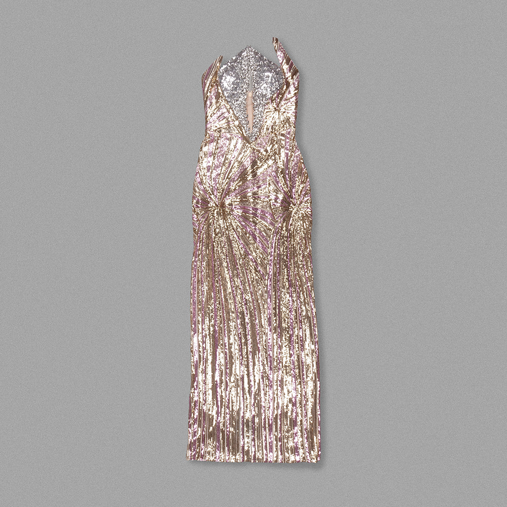 Strapless Sequin Maxi Dress Silver Gold HV1783