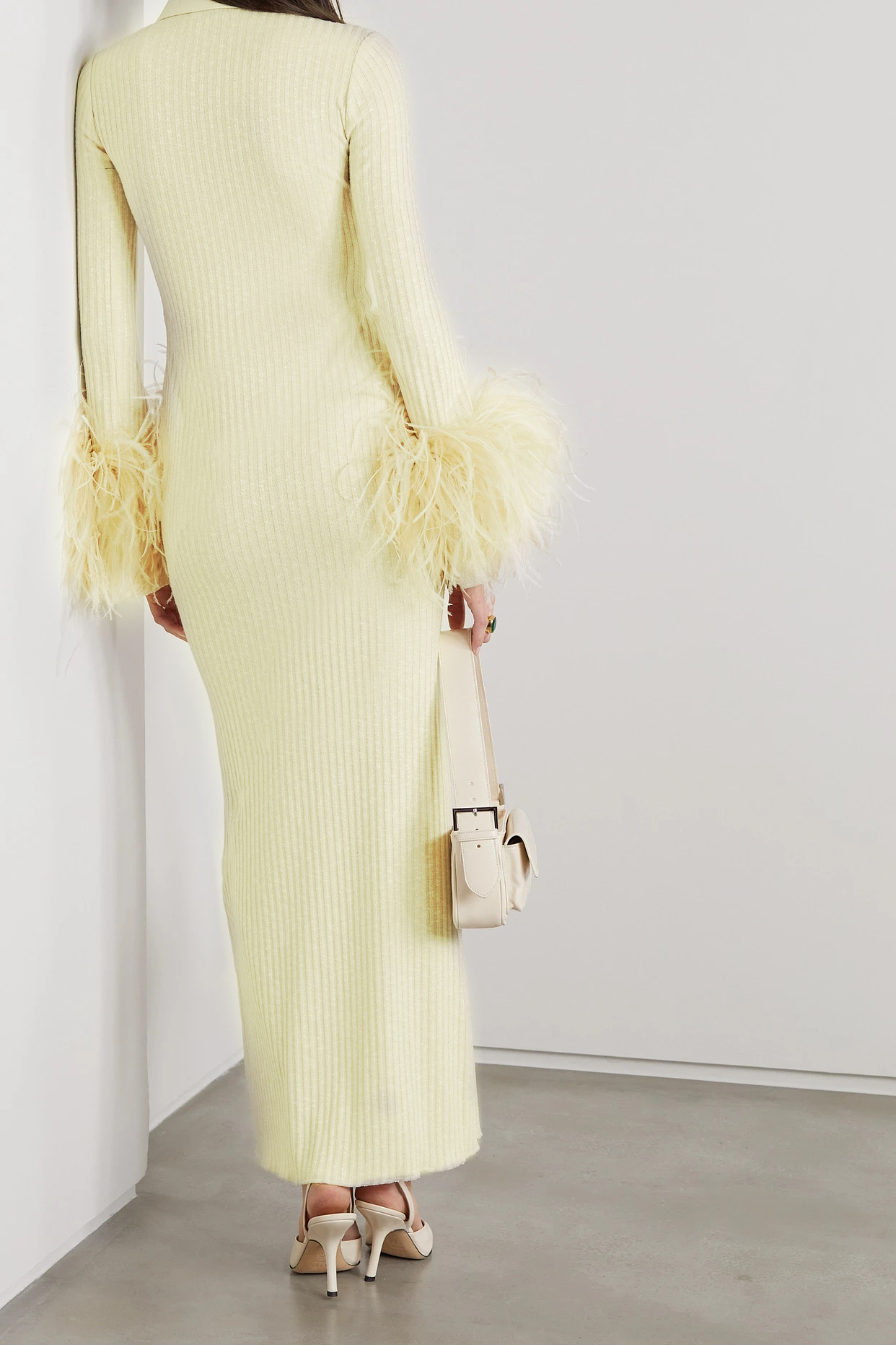 Long Sleeve Feather Ribbed Maxi Dress Ivory HV8975
