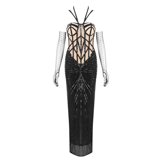 Halter Sequin Maxi Dress Black Nude HV2152