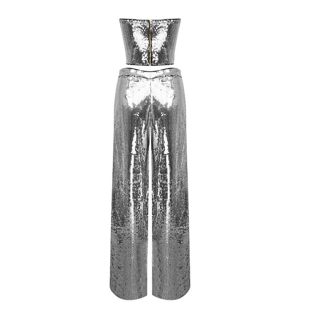 Strapless Bustier Two Piece Jumpsuit Silver