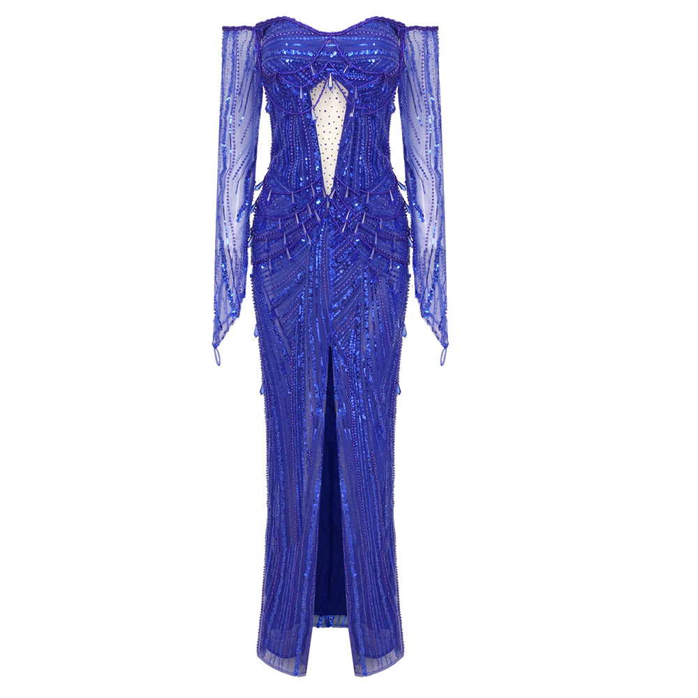 Long Sleeve Bardot Sequin Maxi Dress Blue HV1678