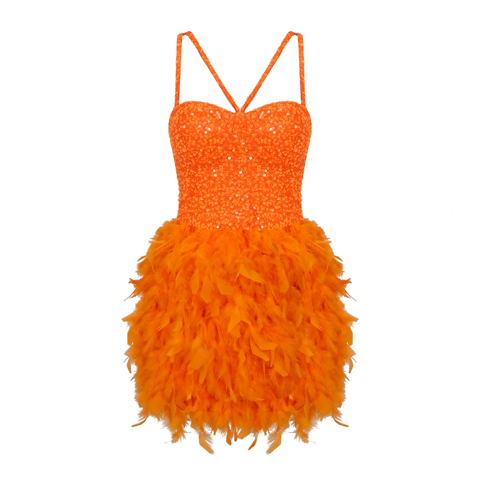 Bustier Sequin Feather Dress Orange HV9569