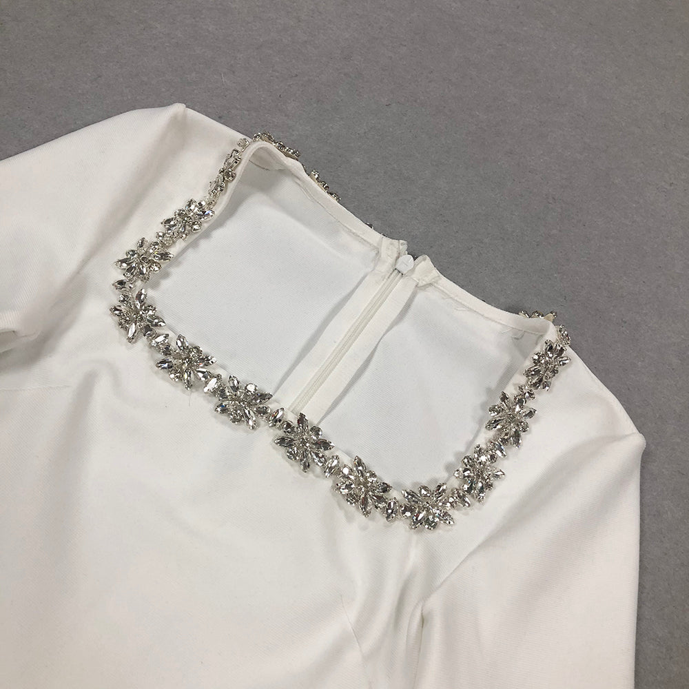 Long Sleeve Crystal A Line Dress White HV1295