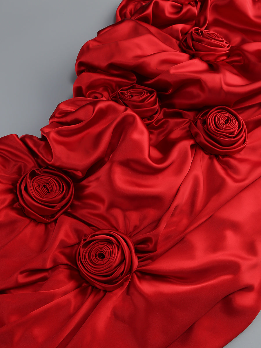 Strapless Floral Puff Detail Corset Maxi Dress Red