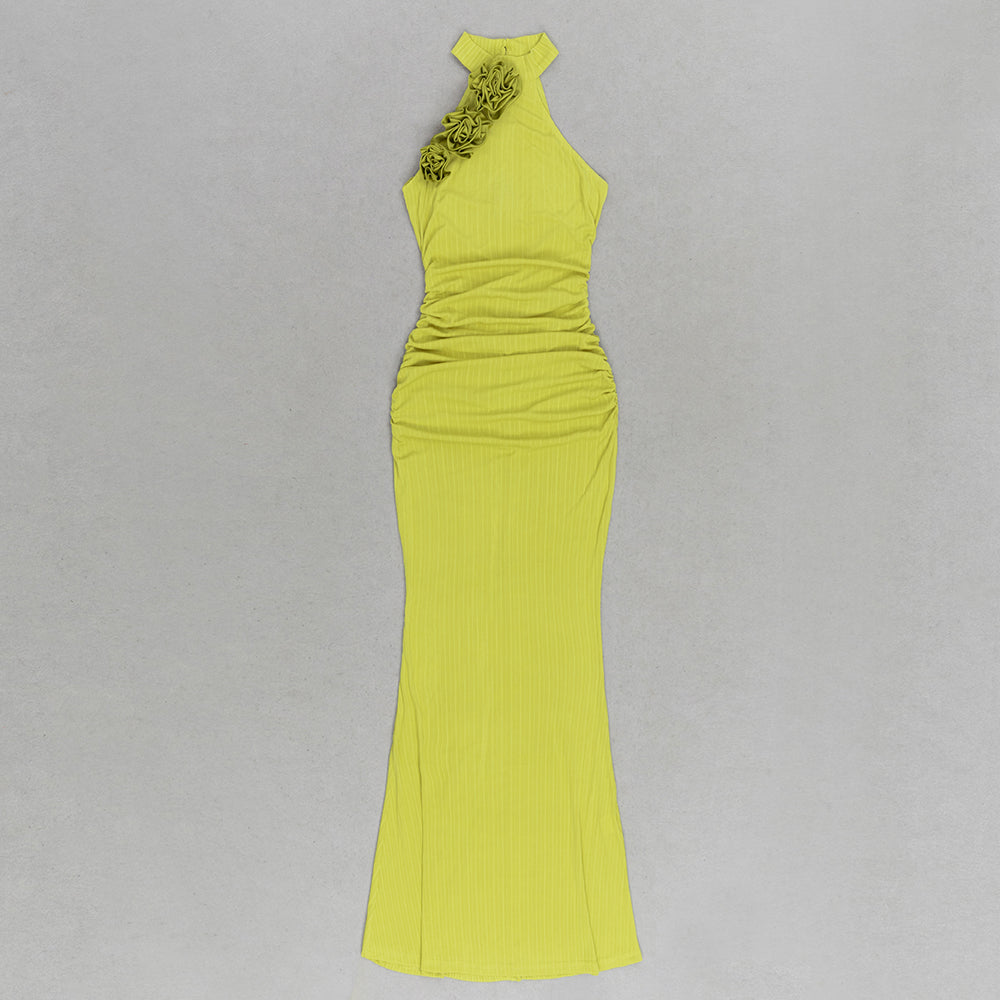 Halter Flower Detail Ruched Maxi Dress Green HV9688