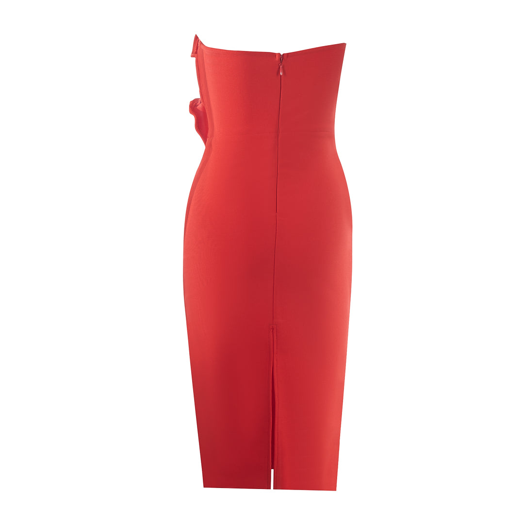 Strapless Flower Detail Midi Dress Red HV1587
