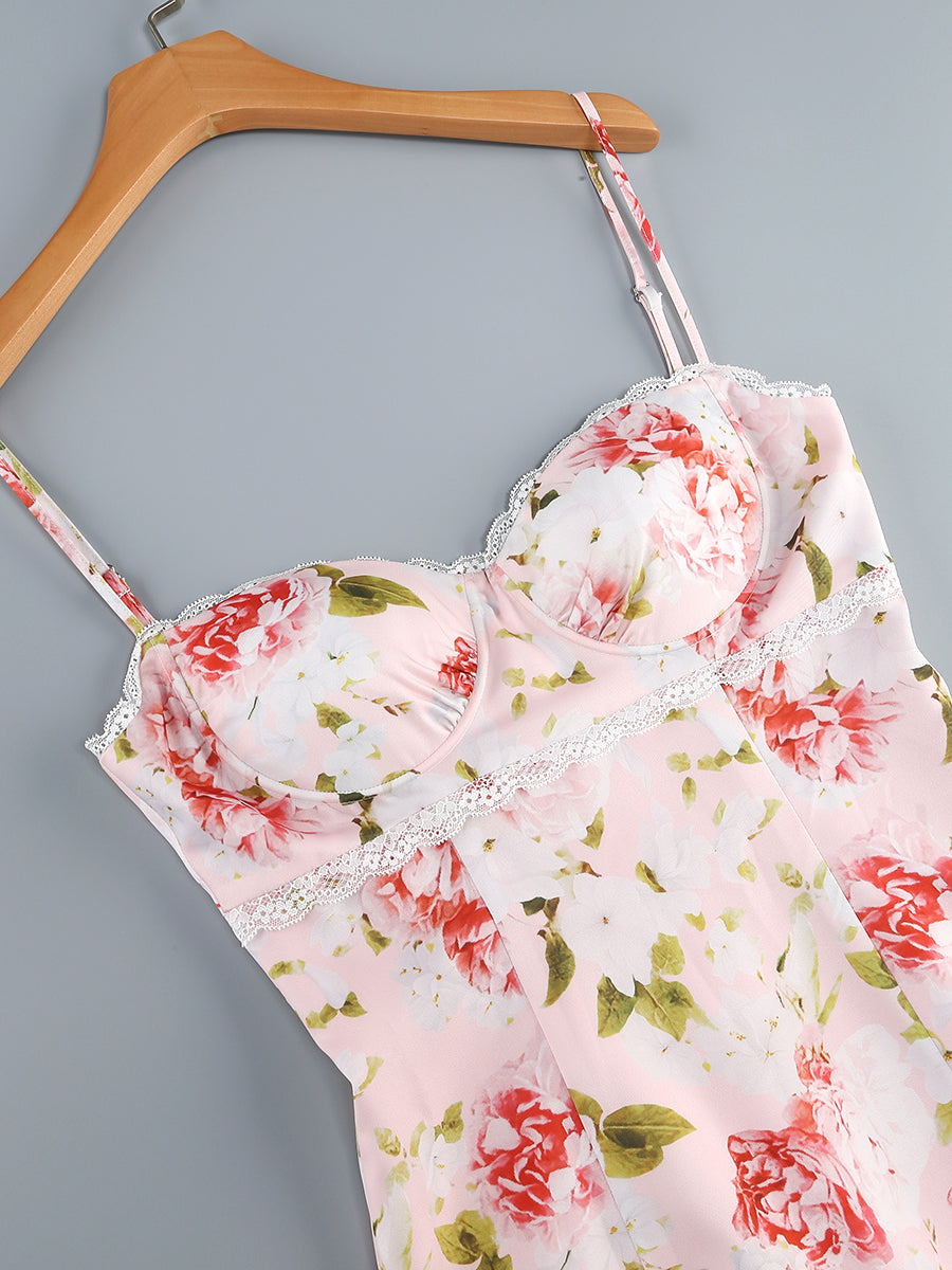 Bustier Lace Floral Maxi Dress Pink