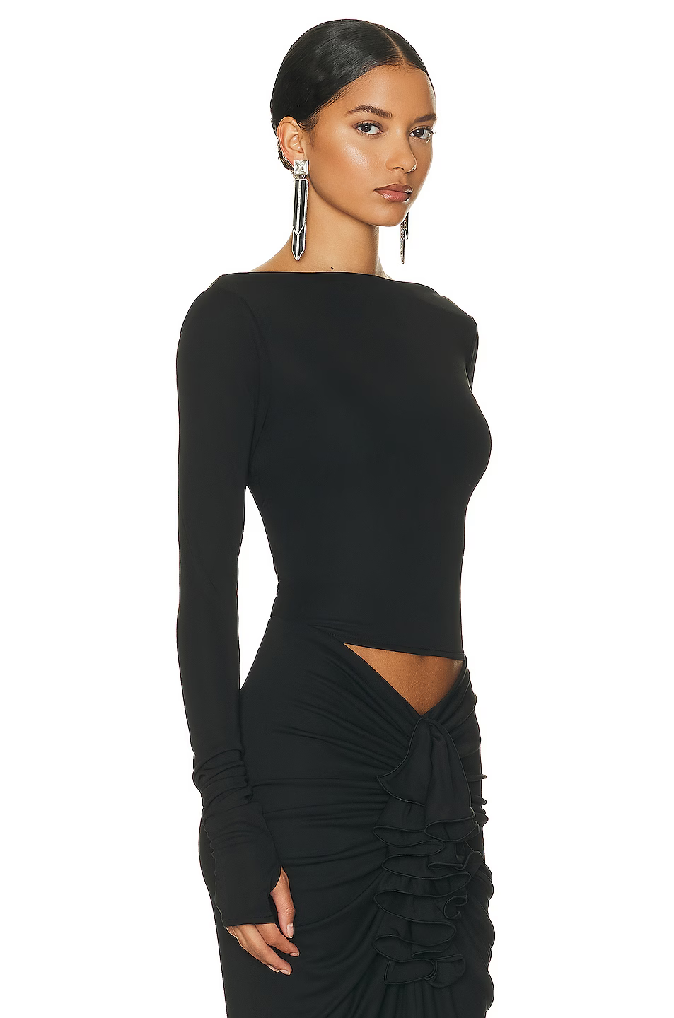 Long Sleeve Ruffle Two Piece Maxi Dress Black HV1050