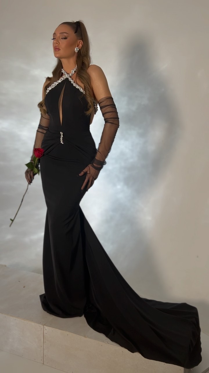 Halter Crystal Braid Maxi Velvet Dress Black HV1897