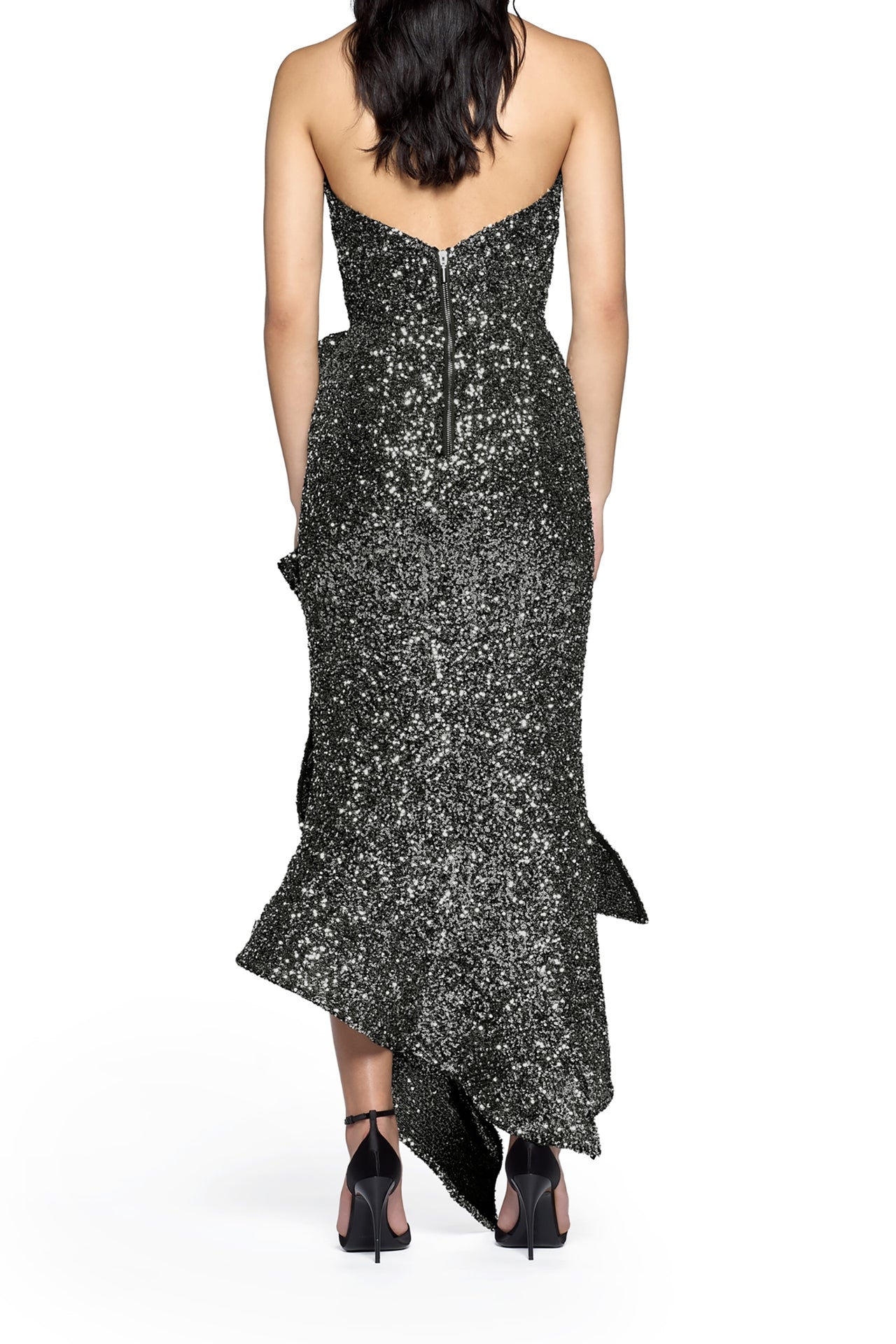 Strapless Sequin Ruffle Maxi Dress Silver HV2234