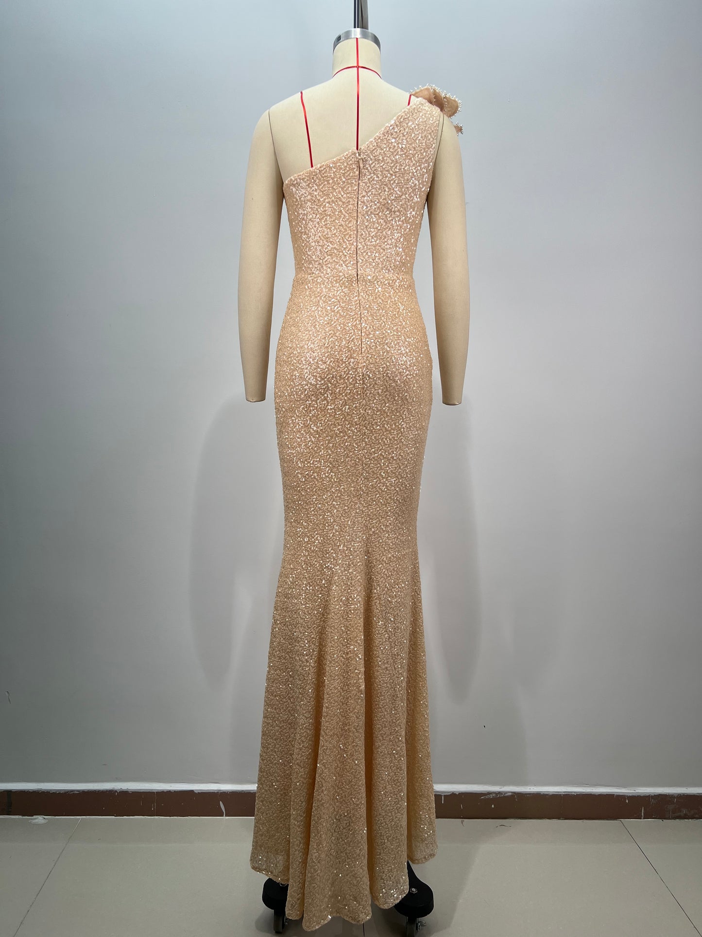 One Shoulder Pearl Sequin Maxi Dress Nude HV1782
