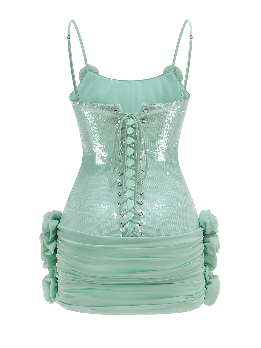 Sequin Floral Draped Corset Dress Green HV2207