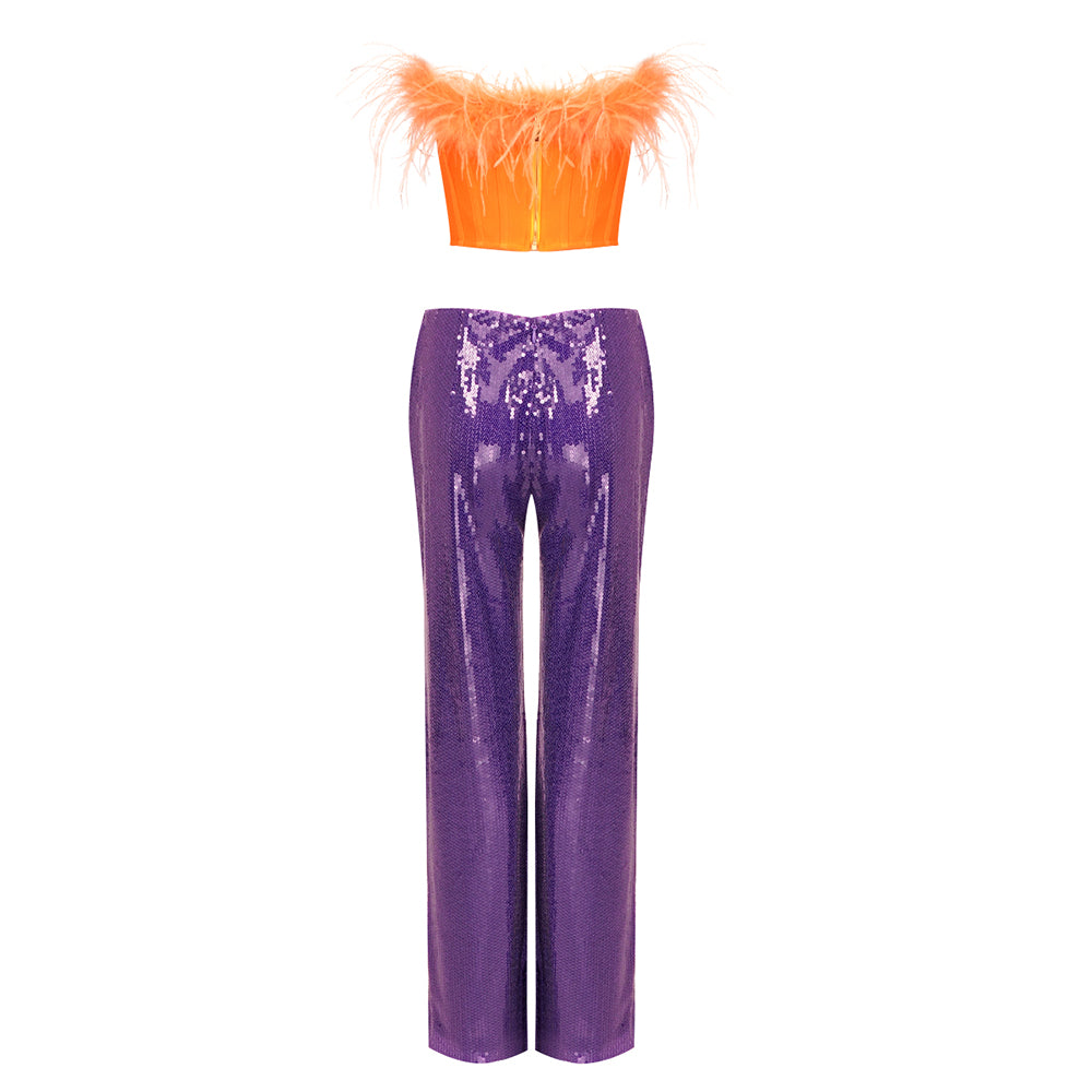 Strapless Feather Two Piece Jumpsuit Orange Purple HV9937