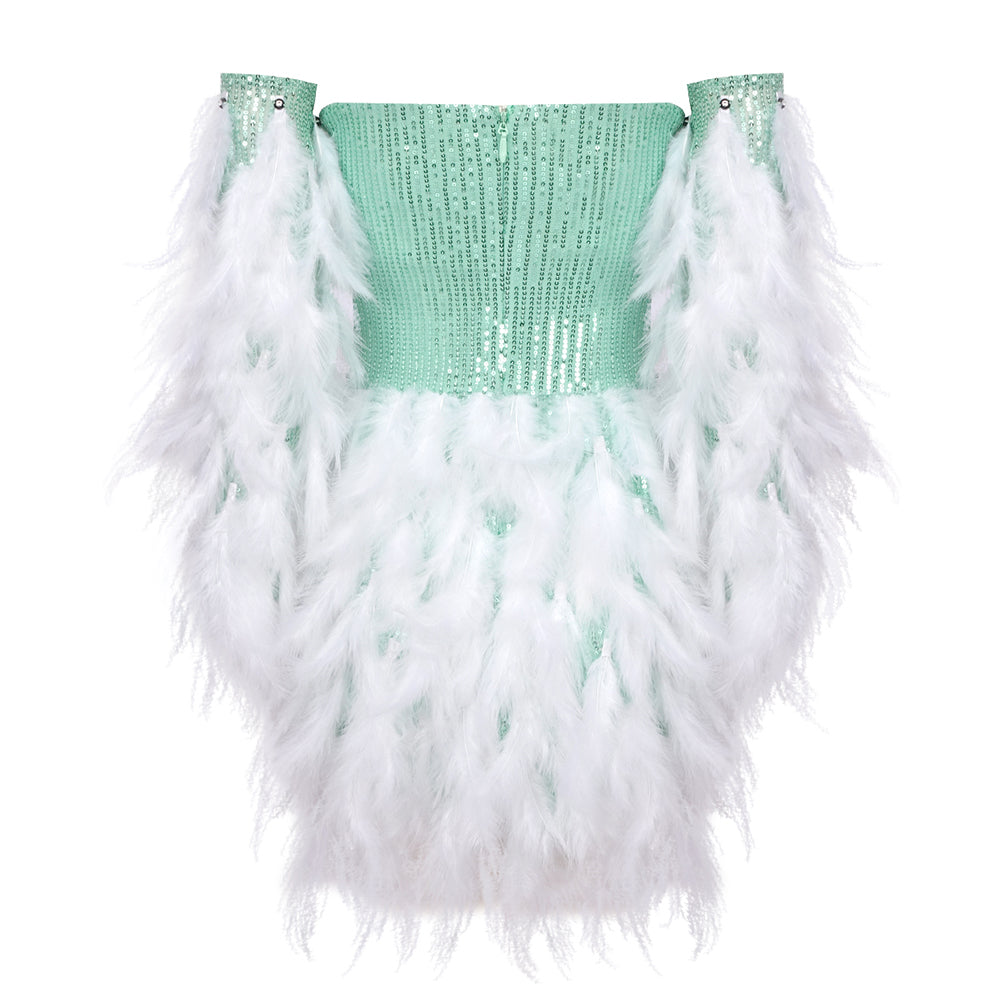 Long Sleeve Feather Sequin Dress Green White HV1222