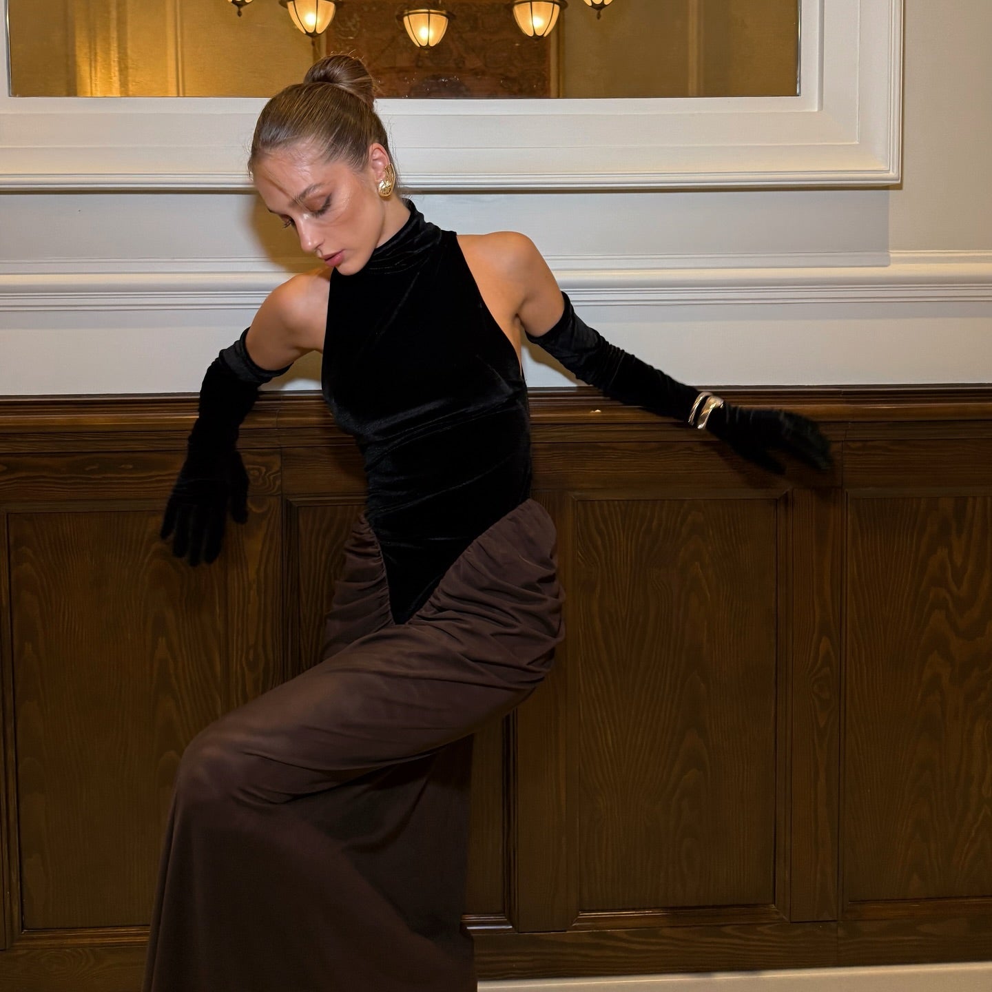 Halter Draped Maxi Velvet Dress Black Brown HV