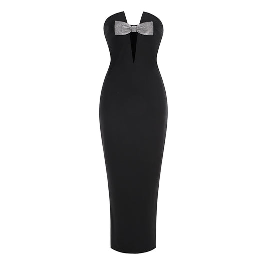 Strapless Crystal Bow Maxi Dress Black HV1775