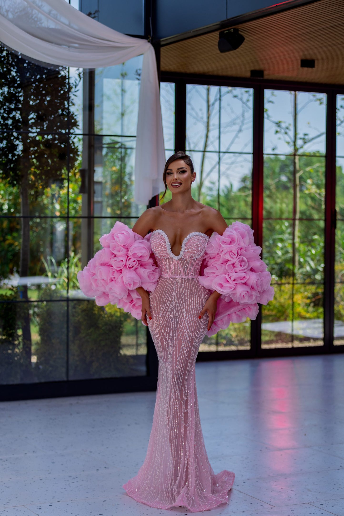 Strapless Crystal Bustier Sequin Maxi Dress Pink HV2017