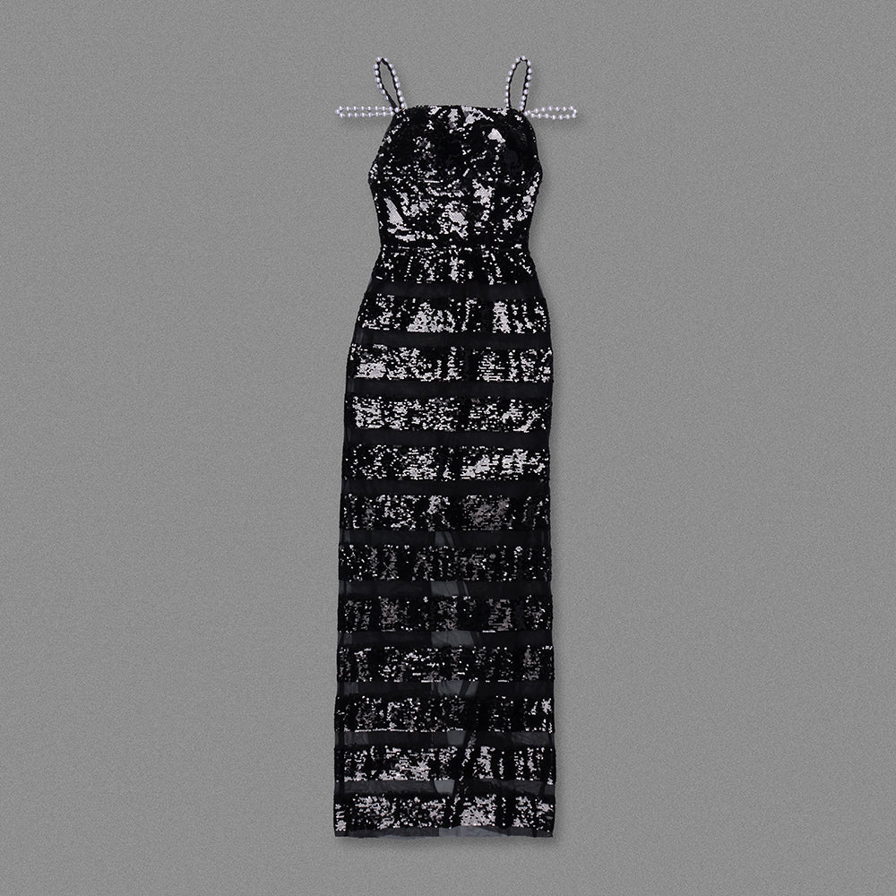 Pearl Straps Mesh Insert Sequin Maxi Dress Black HV1917