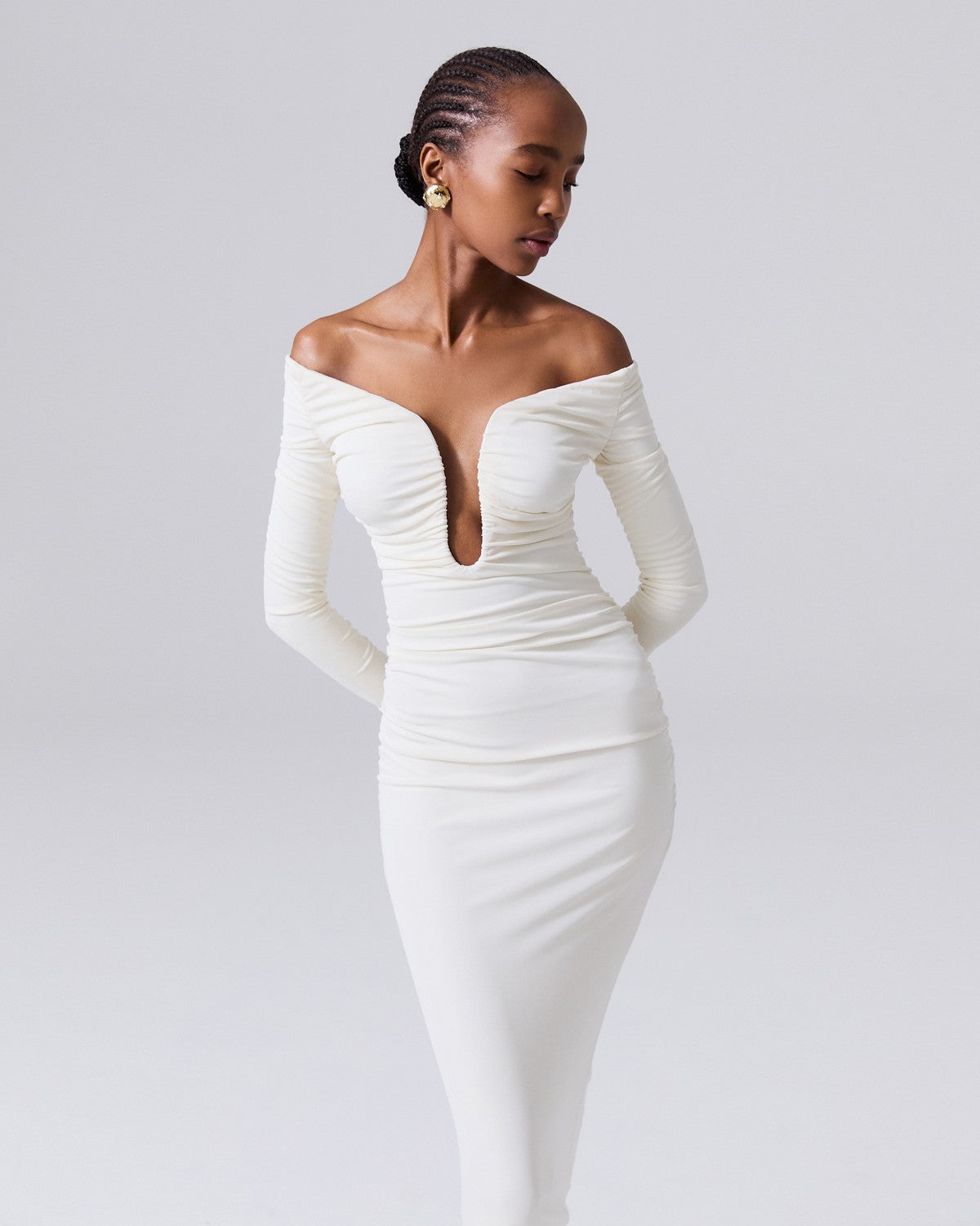 Long Sleeve Ruched Bardot Midi Dress White HV1923
