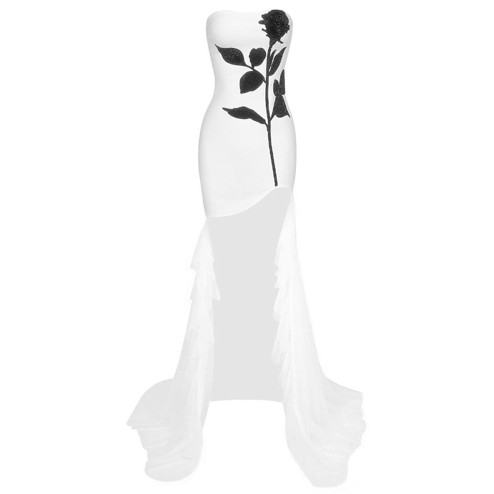Strapless Floral Ruffle Mesh White Black HV1499