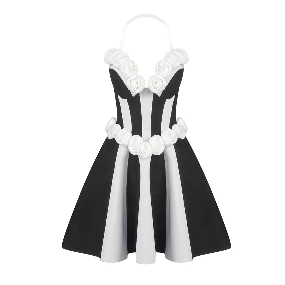 Strapless Floral Corset A Line Dress Black White HV2142