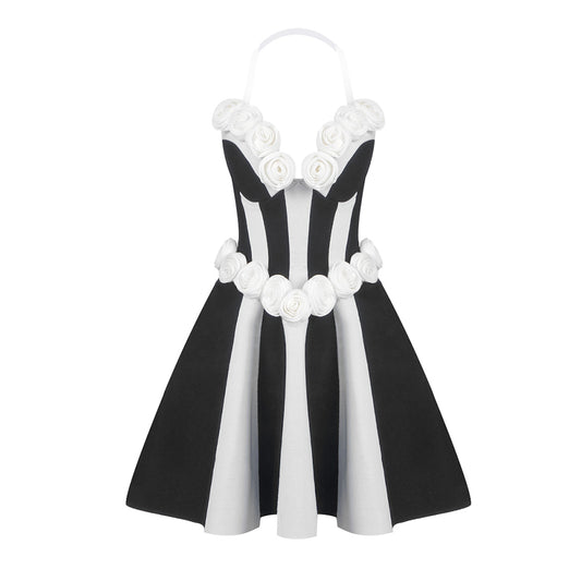 Strapless Floral Corset A Line Dress Black White HV2142