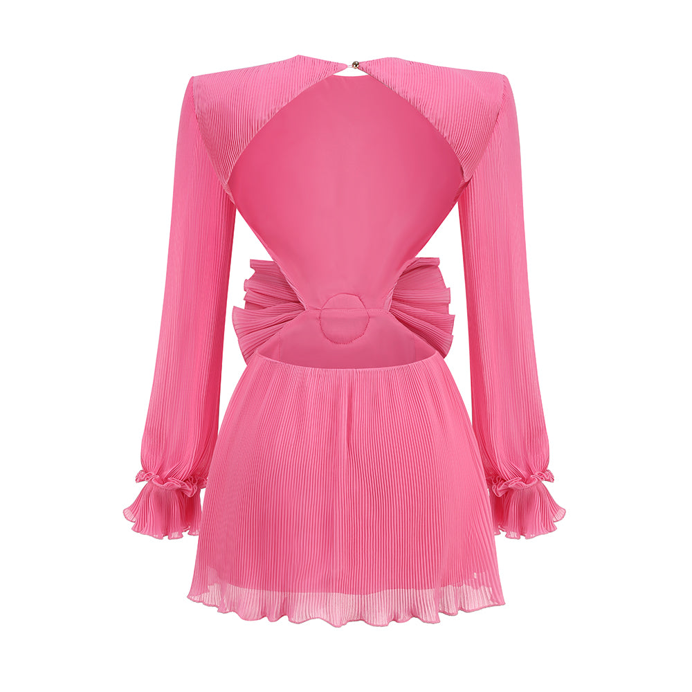 Long Sleeve Floral Backless Dress Hot Pink HV1526